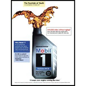 1994 Mobil 1 Motor Oil Vintage Print Ad Fountain of Youth Wall Art Photo